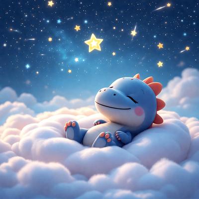 The primary subject of the image is a baby dragon, which is laying on a cloud. The setting is a night sky with stars, creating a serene and peaceful atmosphere. The visual style is a digital art or illustration, showcasing the dragon's cute and innocent appearance. The colors are predominantly white, blue, and orange, which contribute to the overall mood of the scene.